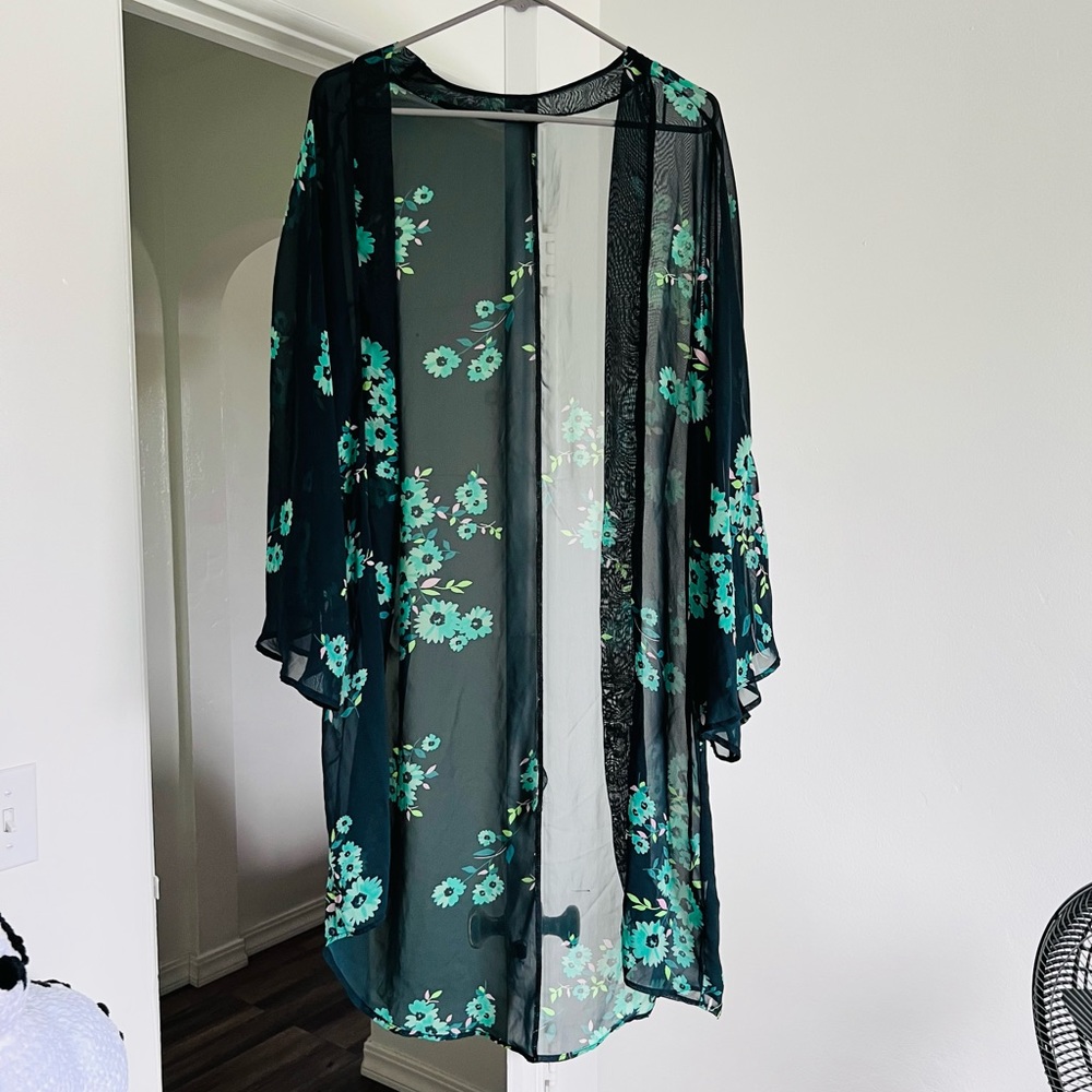 Teal floral kimono coverup
